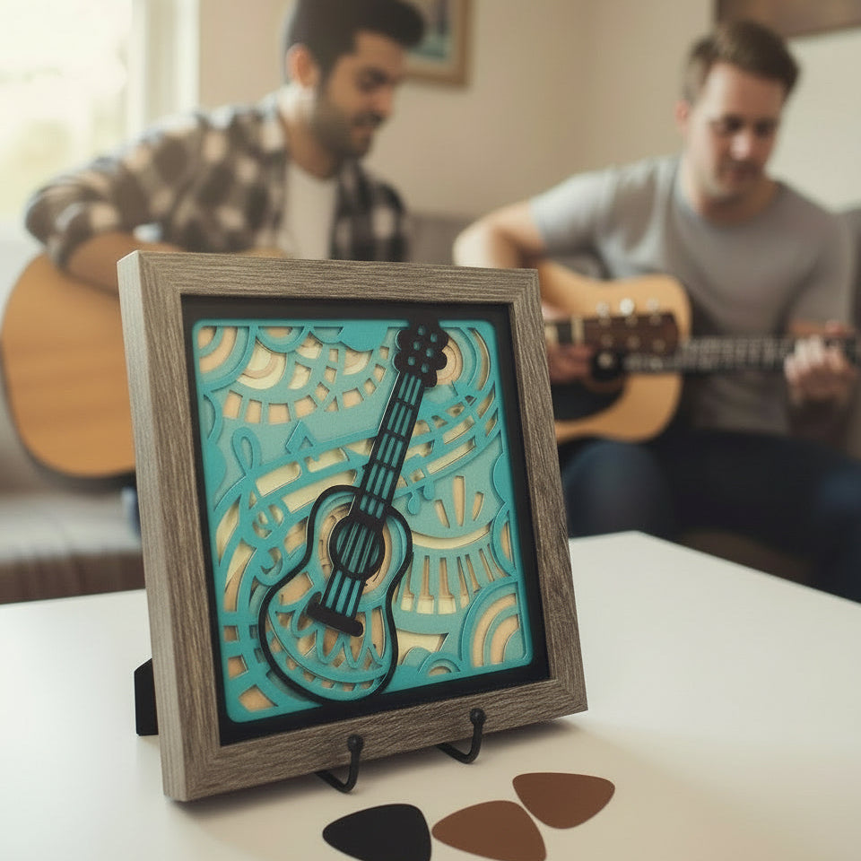 Framed guitar art piece on a table with two men playing guitars in the background.