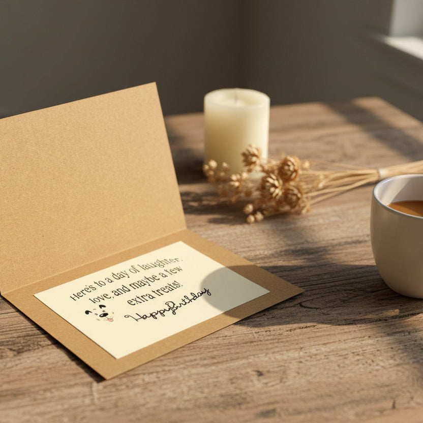 Open card with text on a wooden table with a cup of coffee and candle