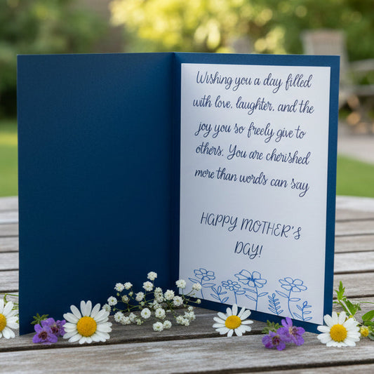 Mother's Day card with blue interior and white exterior with text and floral design.