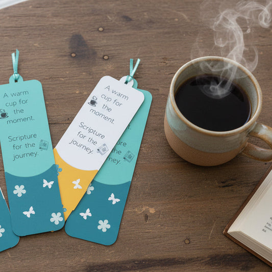 Colorful bookmarks with text next to a steaming mug of coffee on a wooden table.