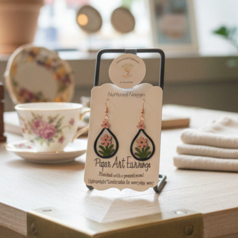 Pair of earrings on a branded card with a gray background