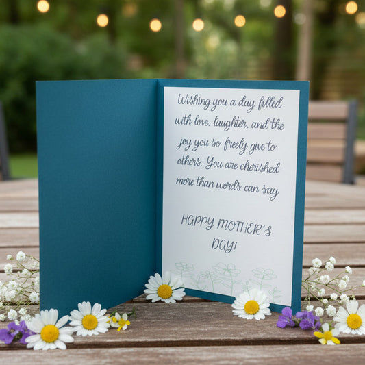 Mother's Day card with a blue interior and white exterior with text.