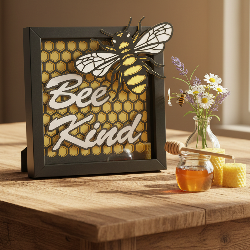 Shadowbox with bee and 'Bee Kind' text on a wooden table with honey and flowers.