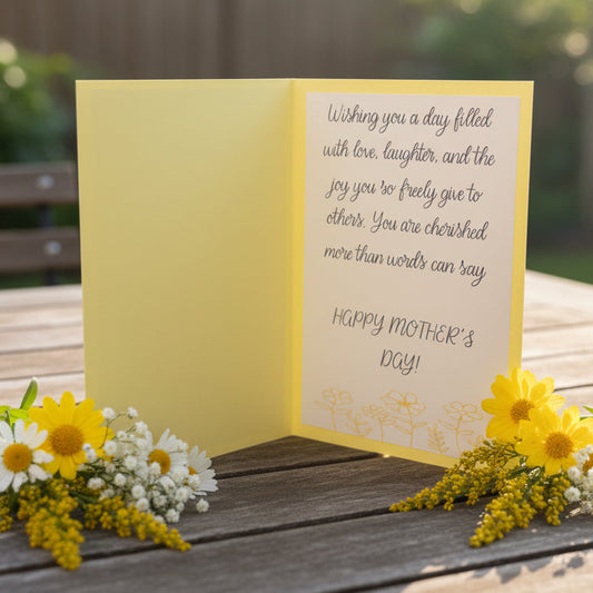 Yellow Mother's Day card with a heartfelt message on a white background