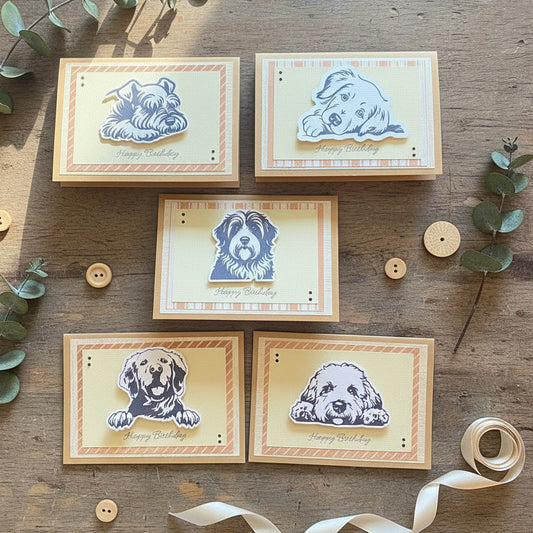 Five birthday cards with dog illustrations on a wooden surface with decorative elements.