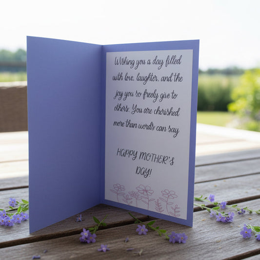 Greeting card with Mother's Day message on a wooden surface with flowers.