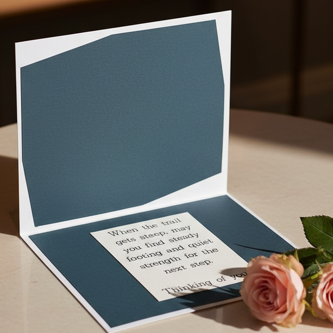 Open card with text and pink roses on a wooden surface