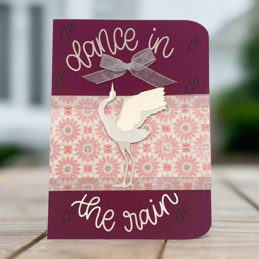 "CRANE DANCE- Plum with Pink Flowers" Comfort Card