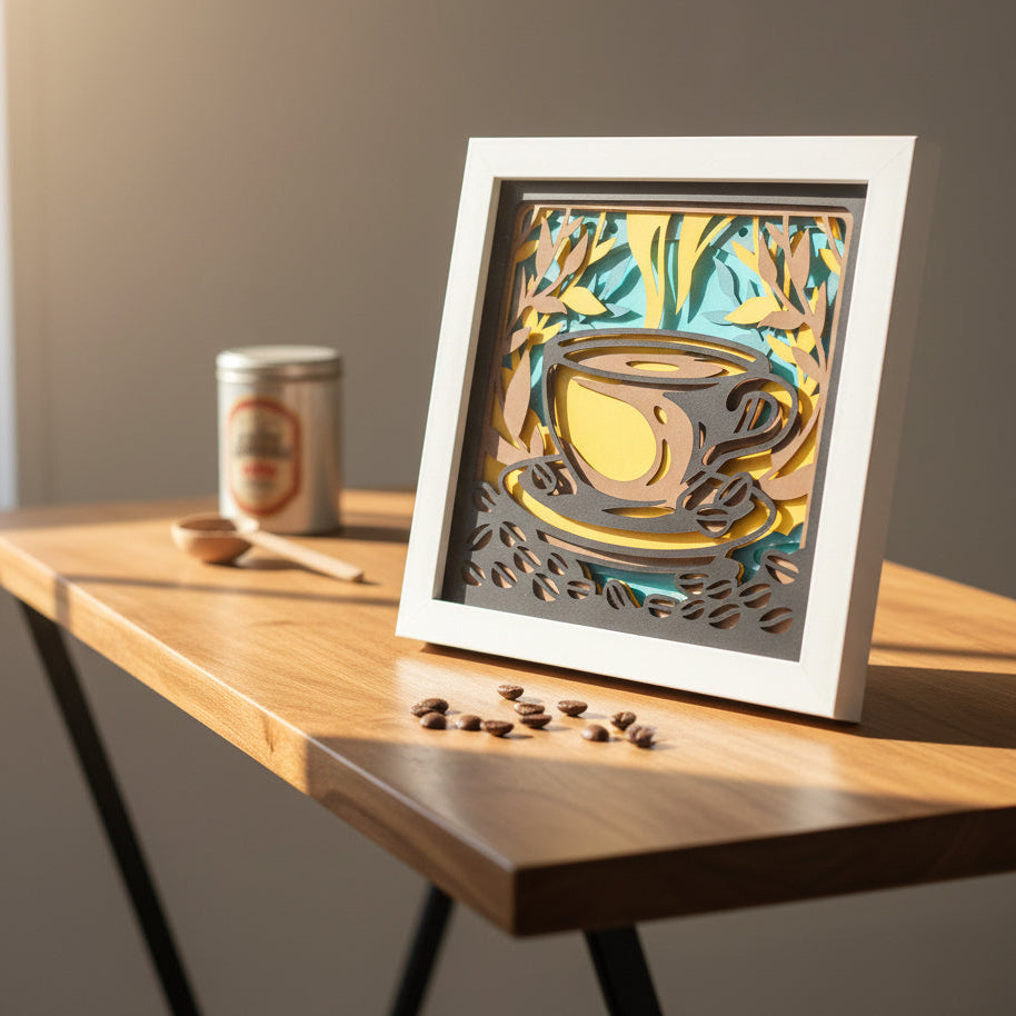 Framed artwork of a coffee cup on a wooden table with coffee beans.