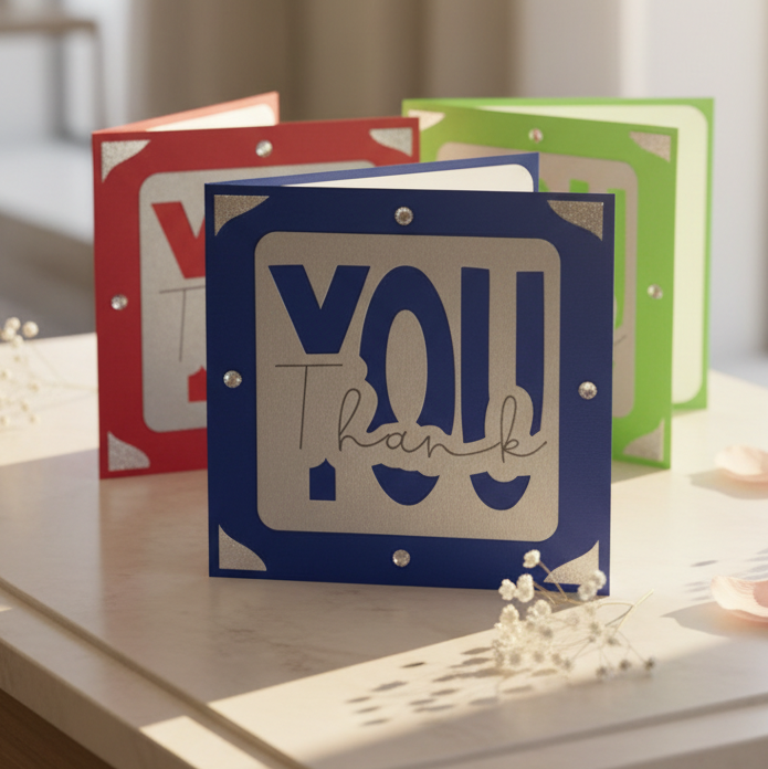 Blue card with 'Thank you' text on a table with other cards in the background