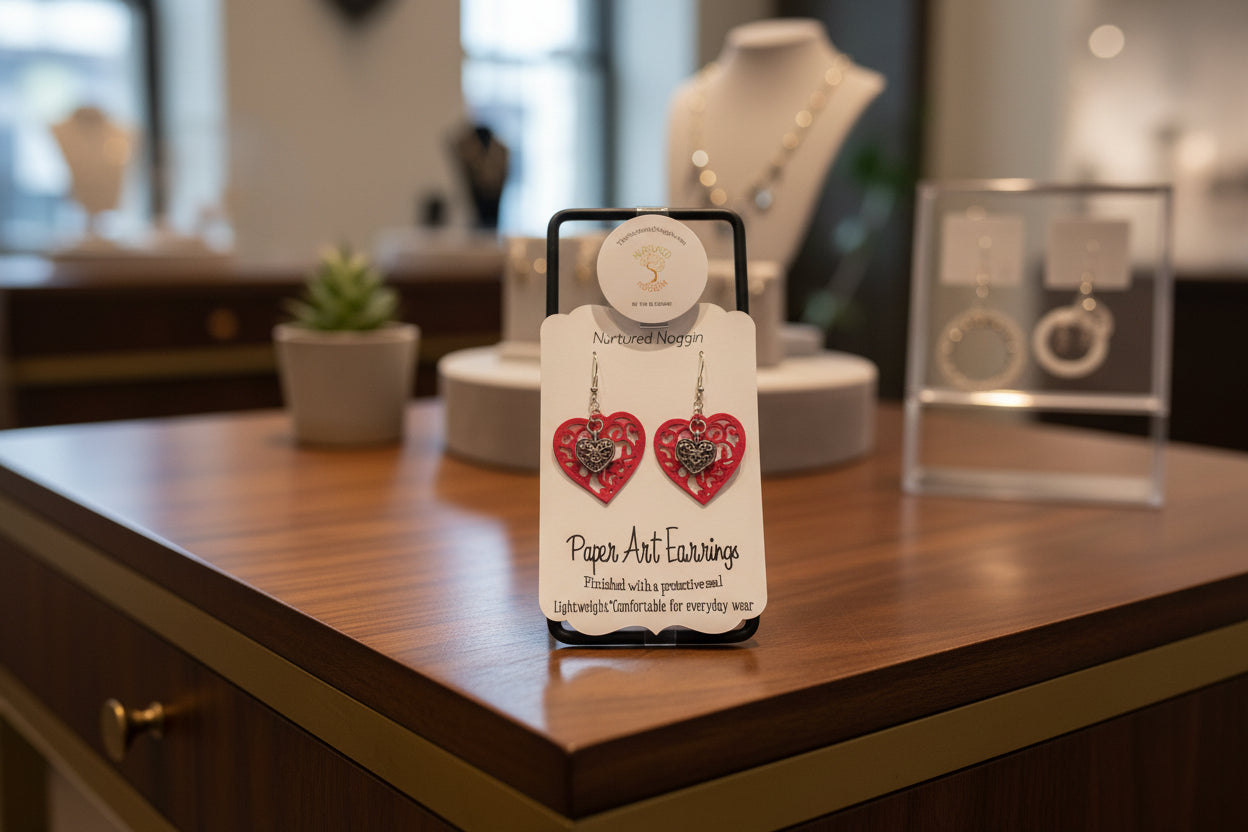 Heart-shaped earrings on a branded card with a gray background