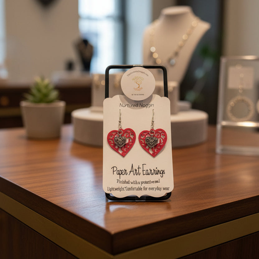 Heart-shaped earrings on a branded card with a gray background