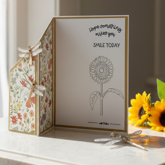 Card with floral design and sunflower illustration on a surface with sunflowers and dragonflies.