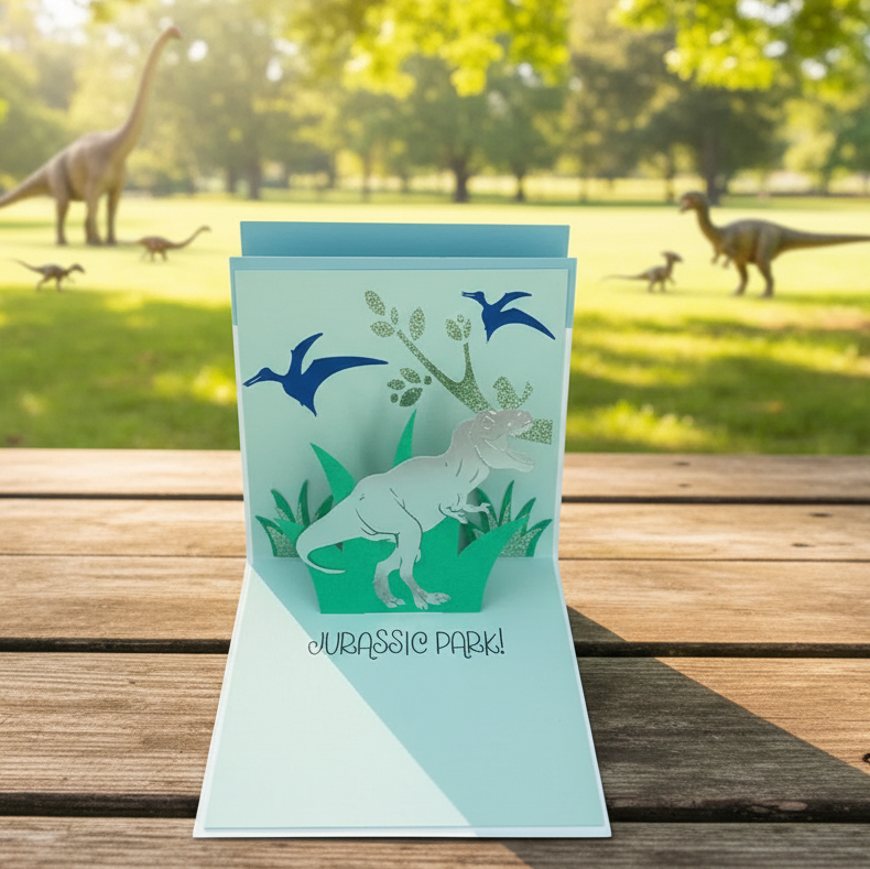 an open card featuring a pop up dinosaur in the middle