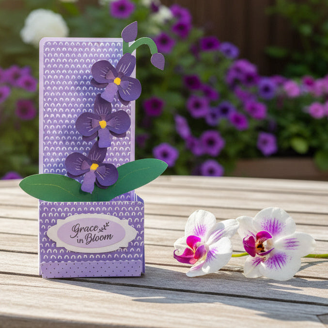 Decorative purple box card with floral design and 'Grace at Bloom' text on a wooden surface with flowers in the background.