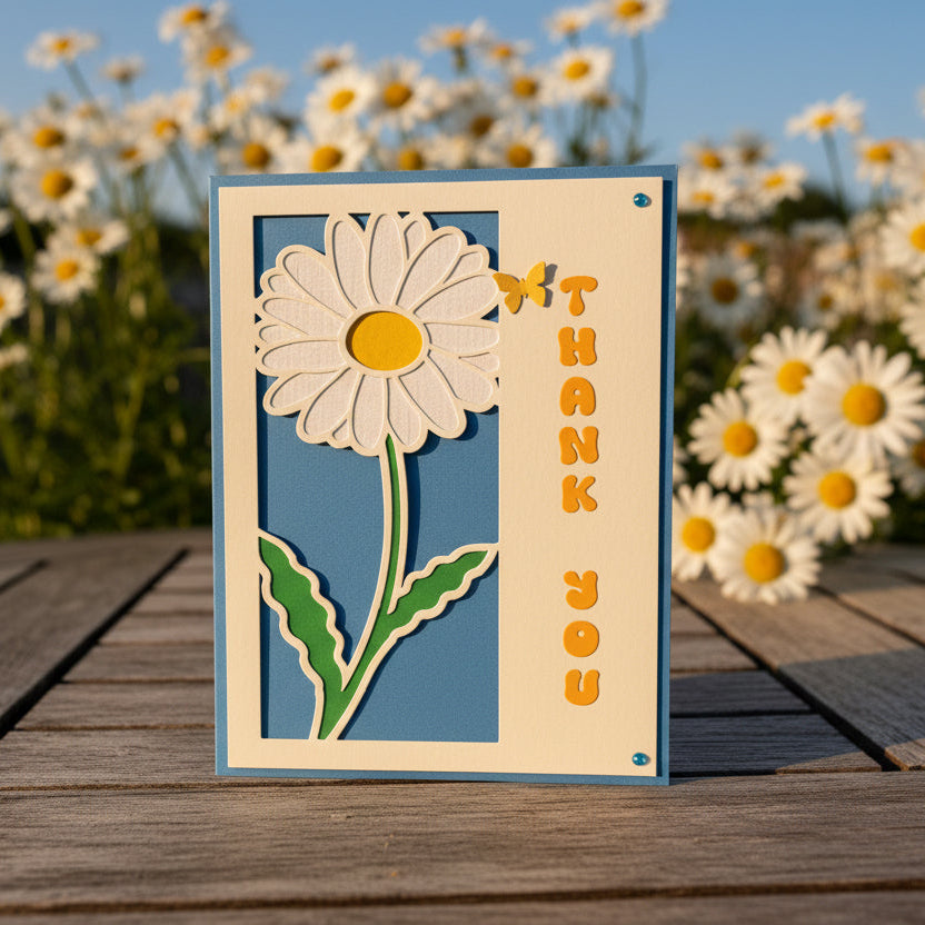 Card with a daisy design and 'Thank you' text on a wooden surface with daisies in the background