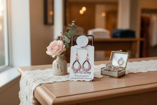 Pair of earrings on a branded card with a gray background