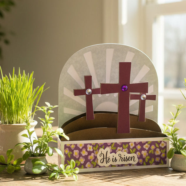 Decorative Box card with crosses and 'He is Risen' text on a white background
