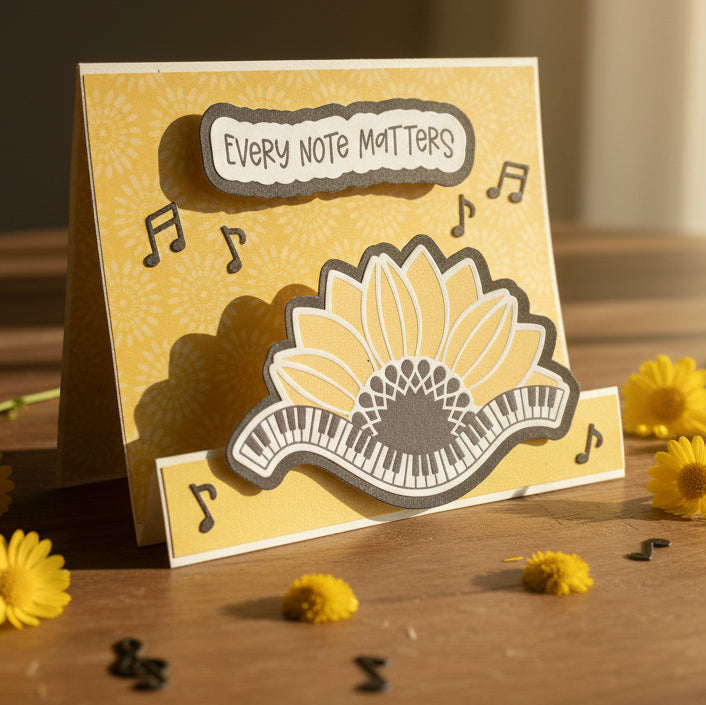 Card with sunflower design and 'Every Note Matters' text on a wooden surface with flowers.