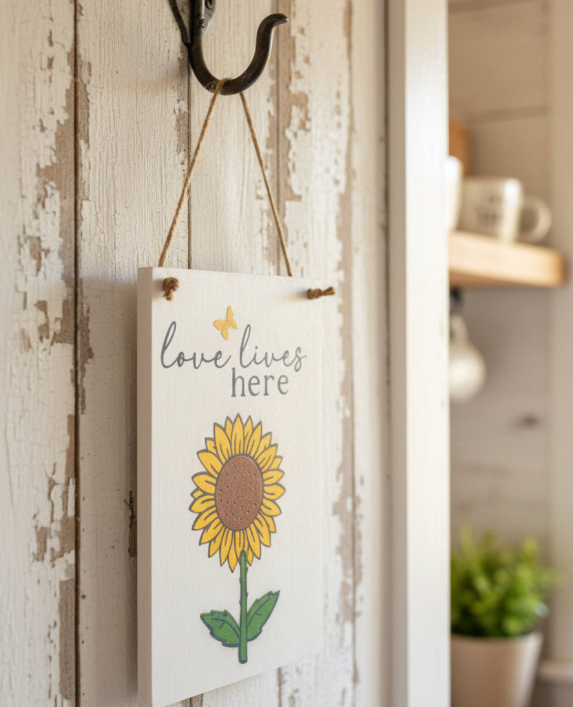 Decorative sign with sunflower and 'love lives here' text hanging on a rustic wooden wall.