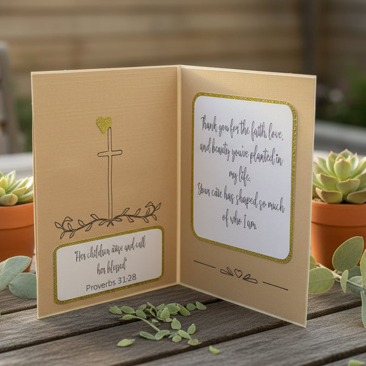 Open card with cross design and text on a wooden table with potted plants