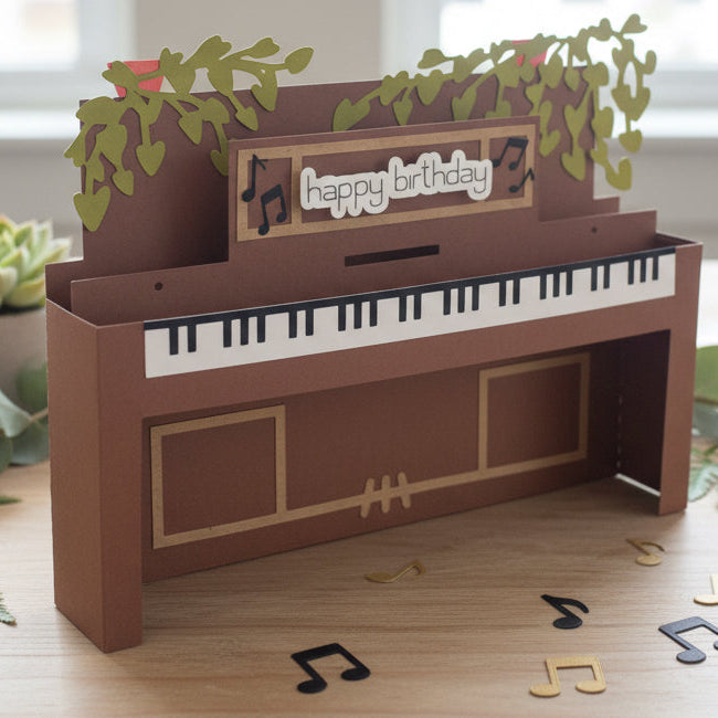 3D Piano box card with 'happy birthday' message on a white background