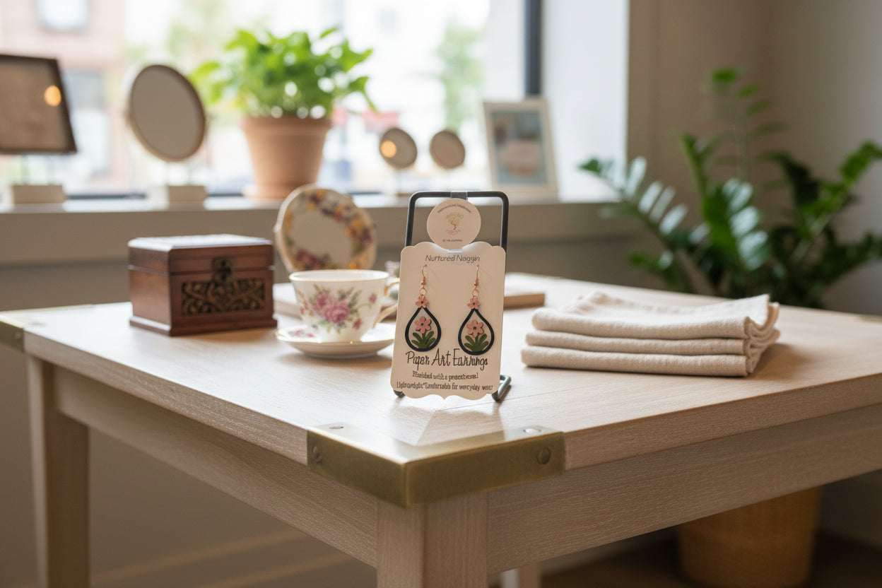 Pair of earrings on a branded card with a gray background