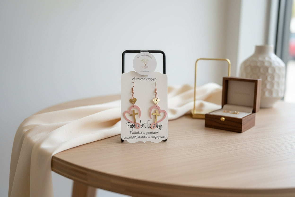 Pair of earrings on a branded card with a gray background