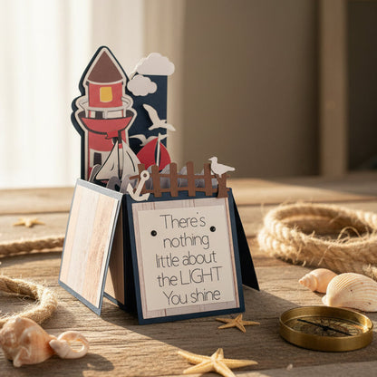 Card with a lighthouse design and motivational quote on a white background