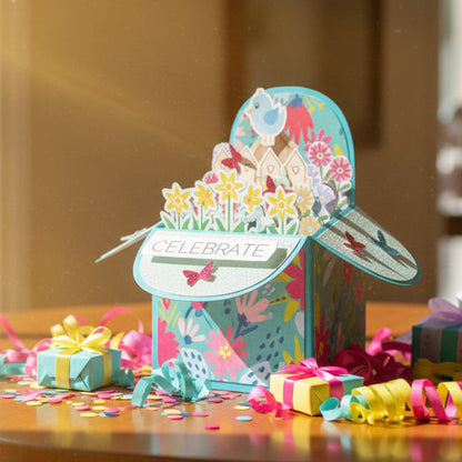 Colorful birthday card with decorative elements on a wooden table.