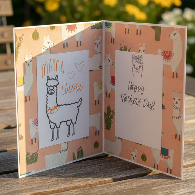 Open card with llama illustrations and 'Happy Mother's Day!' text on a wooden surface.