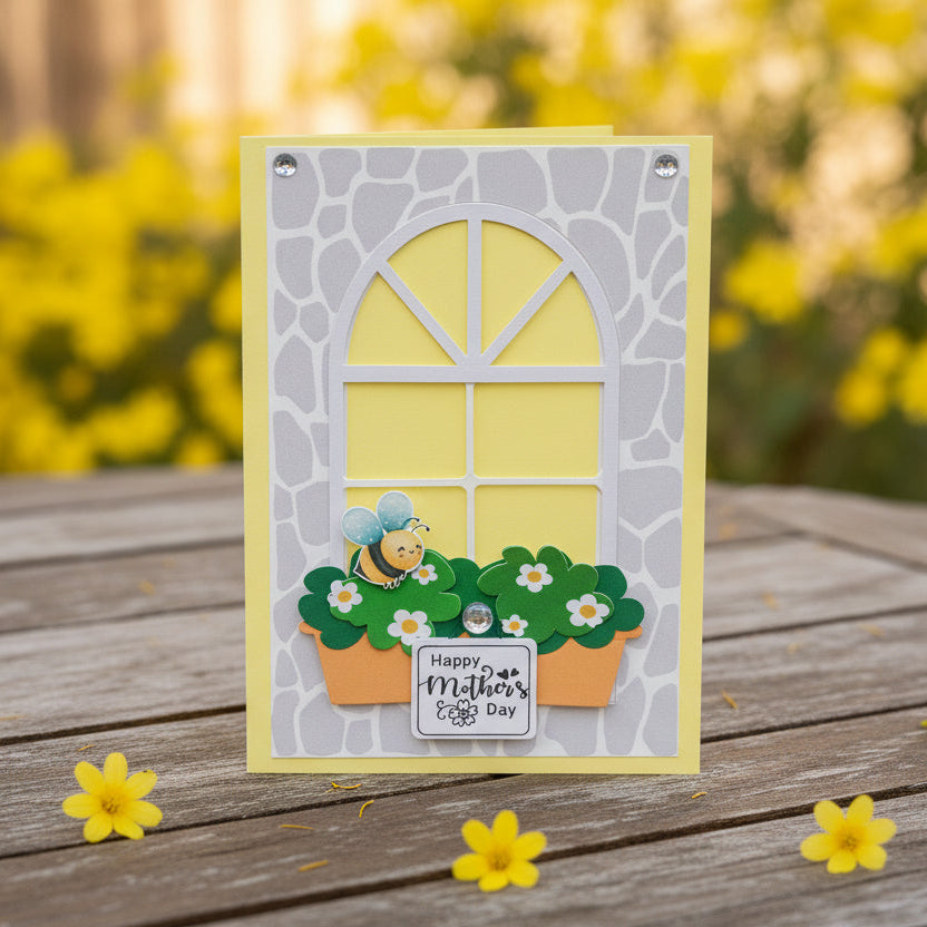 Greeting card with a bee and flowers design, featuring a window-like cutout on a light gray background.