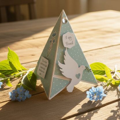 Decorative card with a dove and flowers on a wooden surface