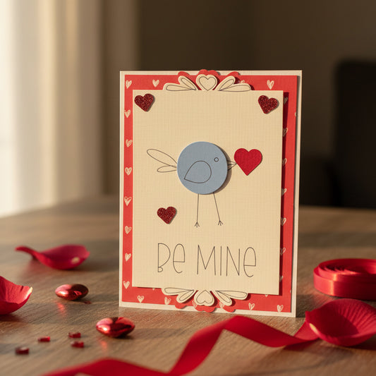 Valentine's Day card with a bird and heart design on a wooden surface with red petals.