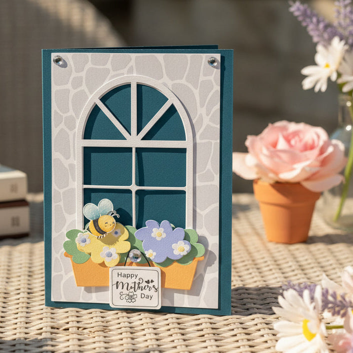 Greeting card with a window design, flowers, and a bee, featuring 'Happy Mother's Day' text.