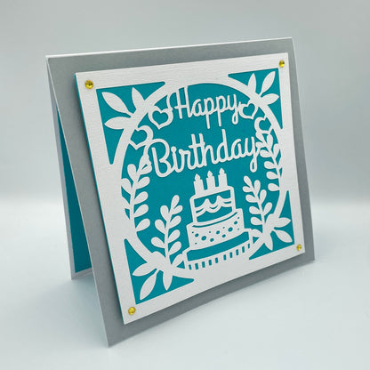 Birthday card with 'Happy Birthday' text and cake illustration on a gray background