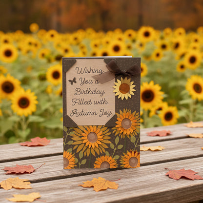 A handmade autumn-themed birthday card featuring a dark brown background with sunflower patterns, a light wood-textured label that reads 'Wishing You a Birthday Filled with Autumn Joy', and a dark brown ribbon bow with a sunflower accent.