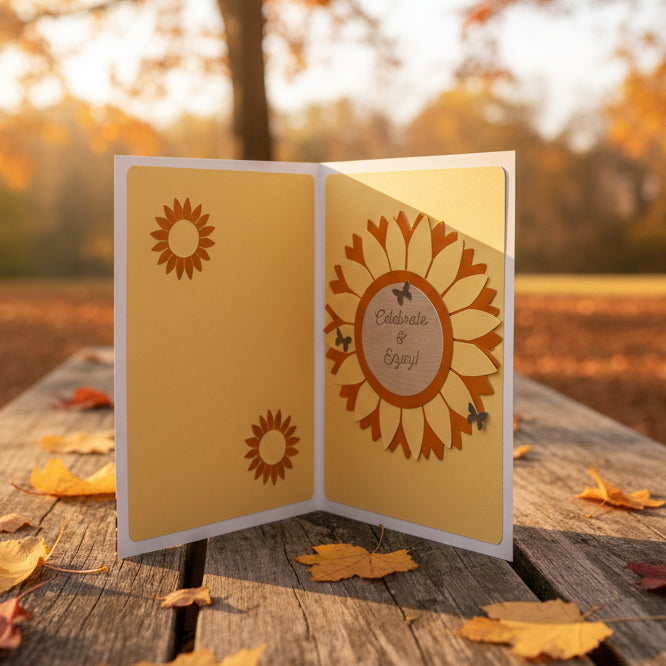 A handmade open greeting card with a sunflower design on the right panel and smaller sunflower motifs on the left panel, set against a plain light gray background.