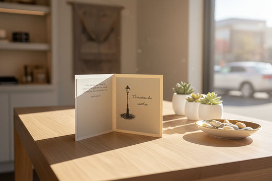 Greeting card with text and a design on a white background