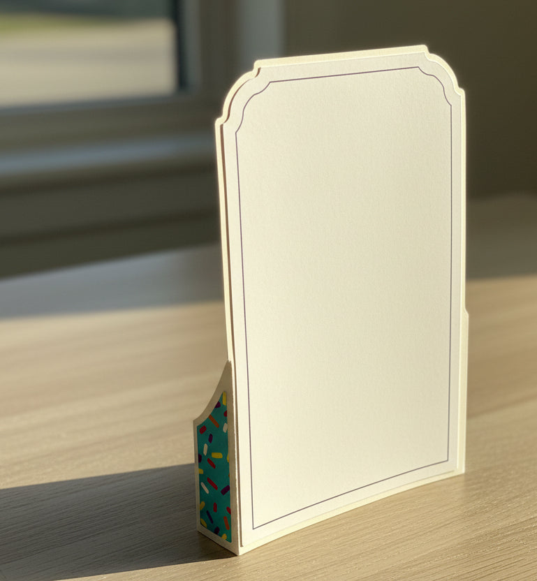 Rectangular card holder with a decorative corner on a gray background