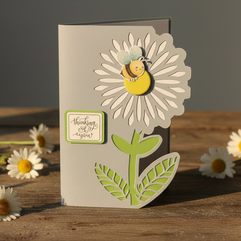 Card with floral design and bee on a wooden surface with daisies