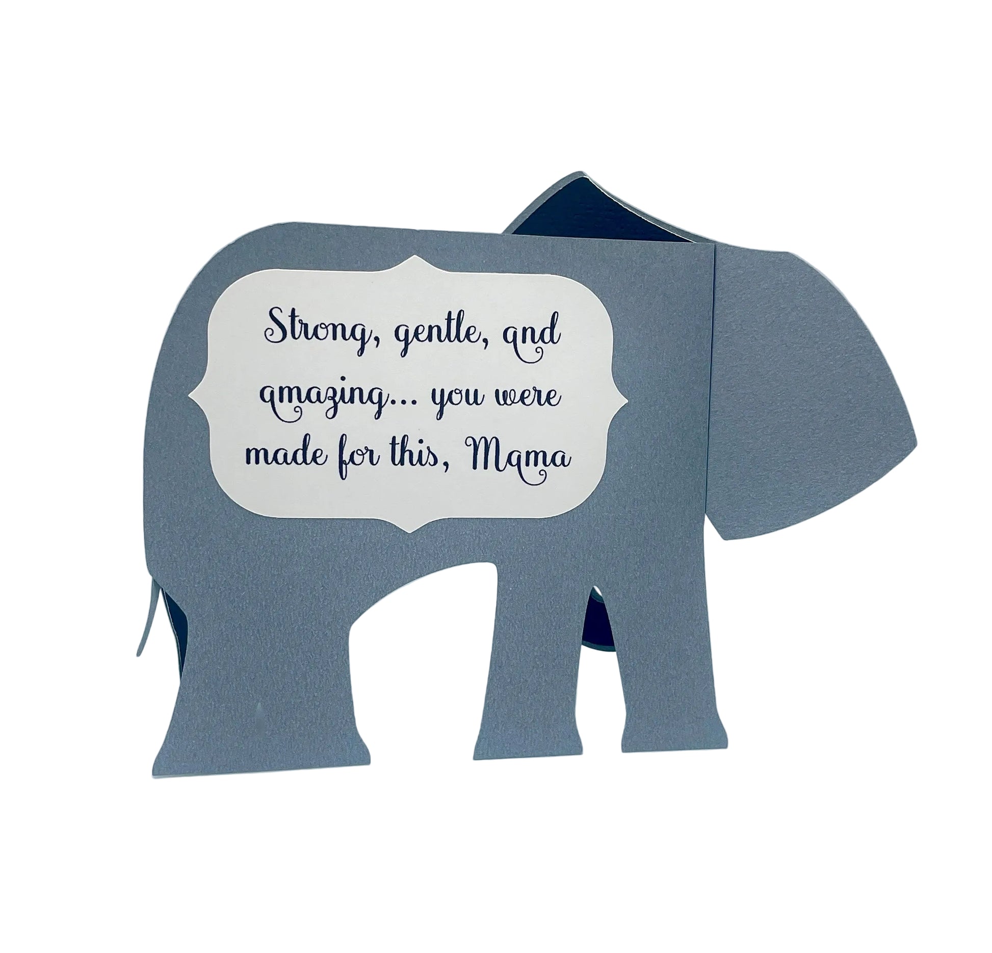 Gray elephant-shaped card with a message on a white background