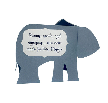 Gray elephant-shaped card with a message on a white background