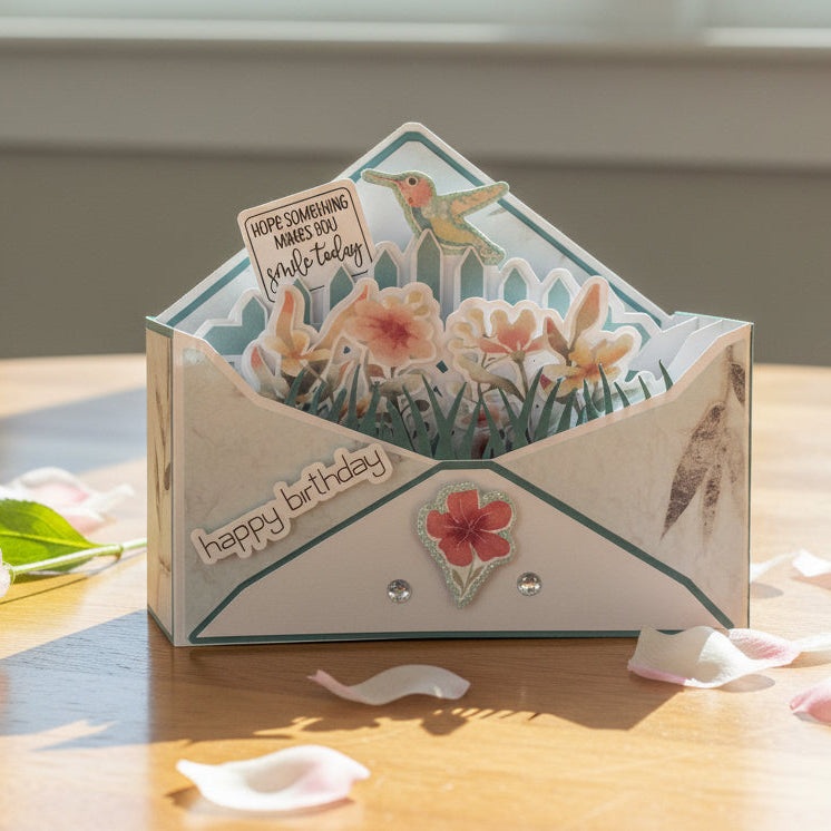 Greeting card with floral design and 'happy birthday' text on a wooden surface.