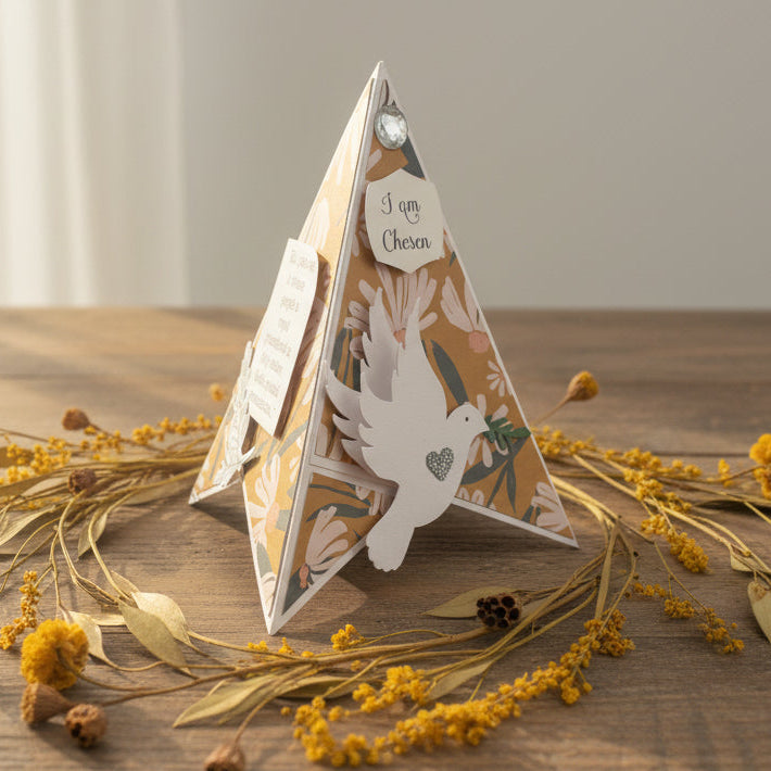 Decorative paper pyramid with a dove design on a wooden surface with flowers and leaves.