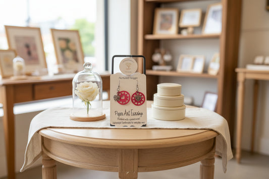 Red heart-shaped earrings on a branded card against a gray background
