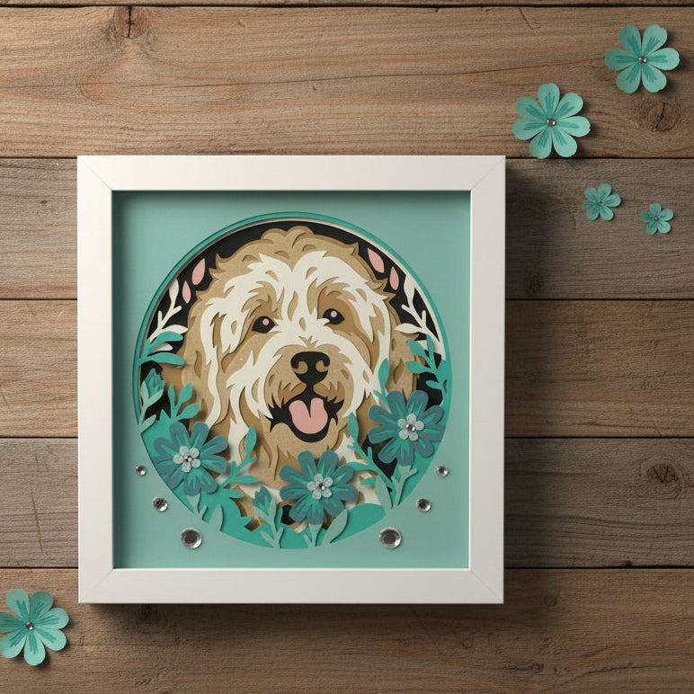 A square framed art print featuring a stylized illustration of a fluffy dog's face surrounded by teal flowers and leaves on a mint background, set in a white frame with small clear rhinestones.