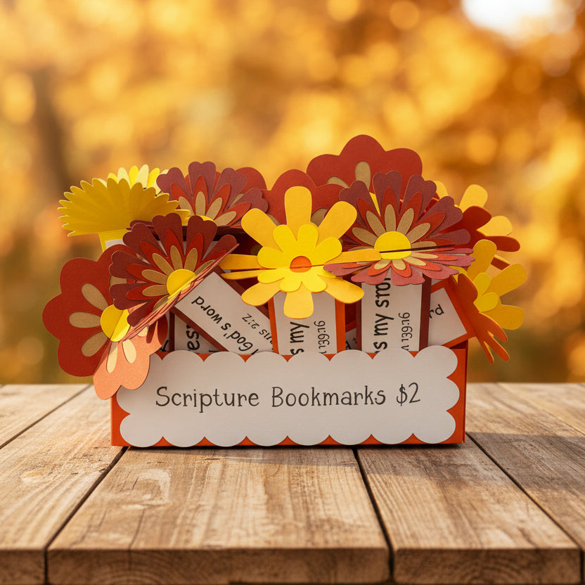 A set of handmade pop-up scripture bookmarks shaped like layered paper flowers in red, orange, and yellow, arranged in a small red box with a white scalloped label that reads 'Scripture Bookmarks $2'.