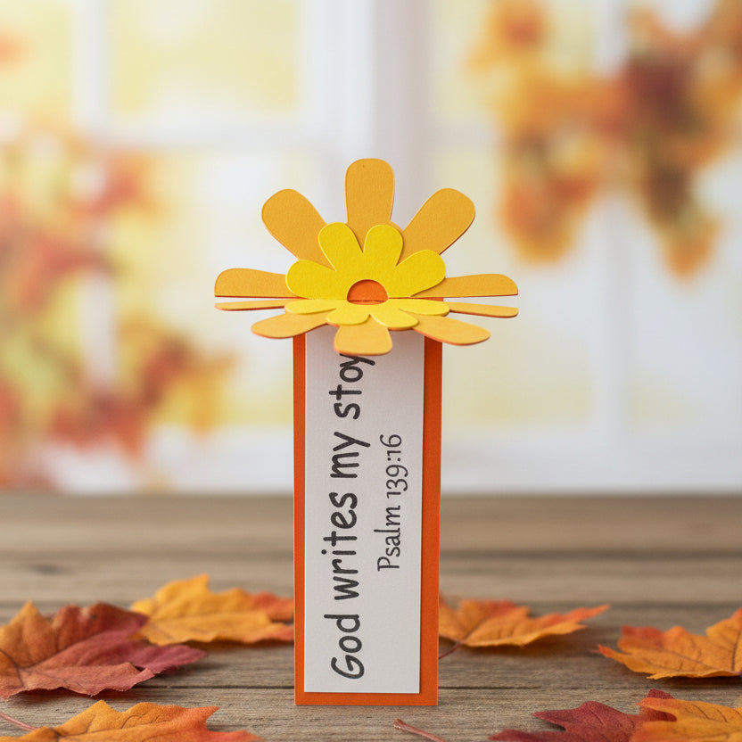 A small bookmark with a yellow paper flower on top and a white vertical insert reading 'God writes my story Psalm 35:10' on a light gray background.